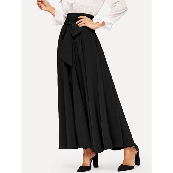 High Waist Zip Back Knotted Swing maxi Skirt black - Picture 5 of 11